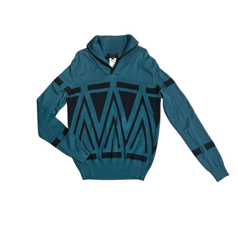 Karl Lagerfeld Men's Teal Blue Retro 90s Inspired Shawl Neck Geometric Sweater M